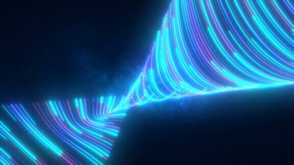 抽象明亮的蓝色发光飞行波从扭曲的线条能量神奇的背景