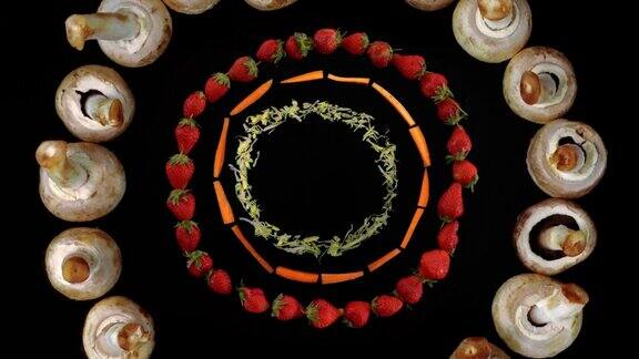 健康食品动画背景蘑菇草莓胡萝卜和莴苣动画在一个复古独特的风格看起来引人注目和有趣