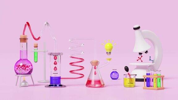 3d科学实验套件烧杯试管隔离在粉红色背景教室在线创新教育理念3d动画