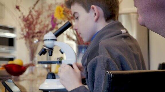 一个男人和一个十几岁的男孩在用显微镜观察