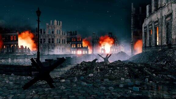 战后欧洲城市夜晚的街垒被毁