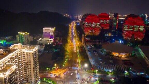 夜景三亚交通大街著名酒店航拍延时4k中国
