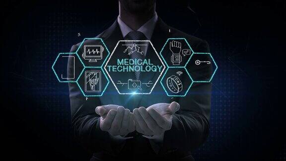 商人打开两只手掌“医疗科技”和各种未来医疗科技的图标六边形4k动画