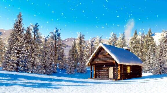 雪封山小屋在雪天冬日电影