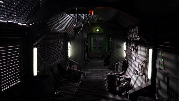 科幻宇宙飞船上的工业室内走廊