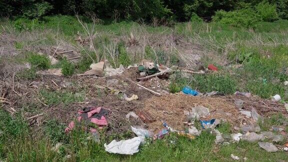 在森林附近的草地上非法倾倒垃圾在阳光明媚的夏日在乡间空地上非法倾倒垃圾垃圾处理与环境污染防治的社会问题