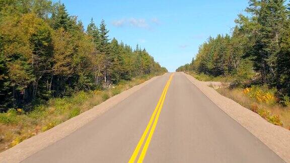 FPV:行驶在空旷的高速公路上穿过加拿大茂密的落叶混交林