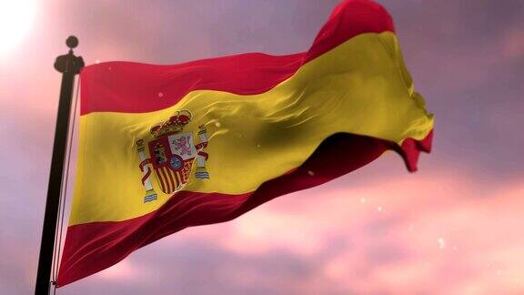 夕阳西下西班牙国旗在风中缓缓飘扬