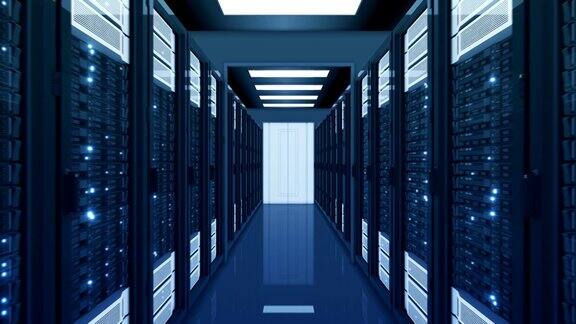美丽的蓝色数据中心服务器室数据中心计算机行、服务器、机架无缝闪烁的三维动画数字技术