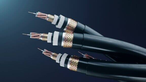 彩色背景上的光纤电缆概念未来的电缆技术详细曲线电缆的横截面强大的网络通信技术无缝可循环的3d动画4K