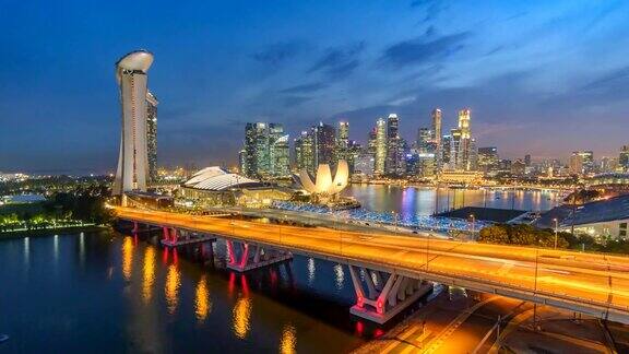 新加坡商务区城市高角度观夜时光流逝滨海湾新加坡4K时光流逝