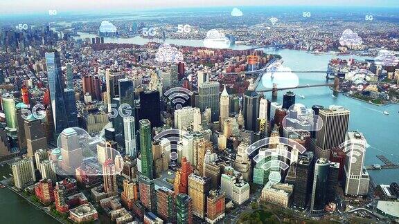 通过5G连接的空中城市无线网络、移动技术概念、数据通信、云计算、人工智能、物联网纽约的未来的城市