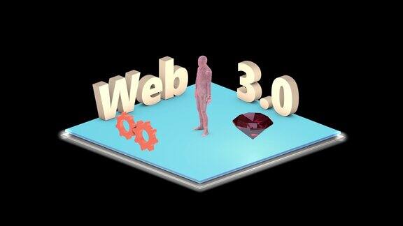 web3.0文字霓虹效果新技术动画齿轮云和人3d动画互联网和新技术