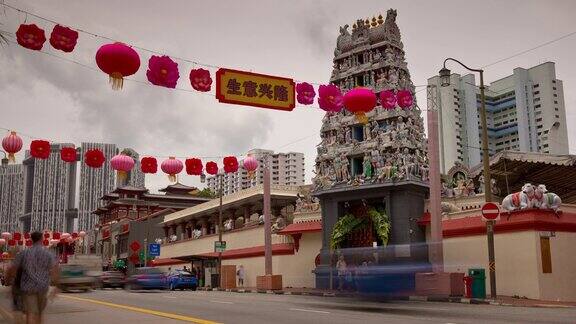 新加坡城市白天时间市中心著名的寺庙正面街景延时全景4k