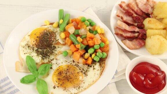 煎鸡蛋配蔬菜煎培根和土豆丰盛的食物和美味的午餐