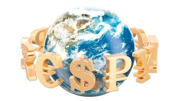 货币符号围绕地球旋转3D渲染孤立在白色背景上