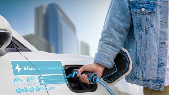 插入式智能电动汽车充电器具有未来的全息图细读