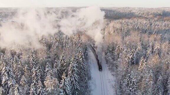 蒸汽火车在冬天的森林里鸟瞰图