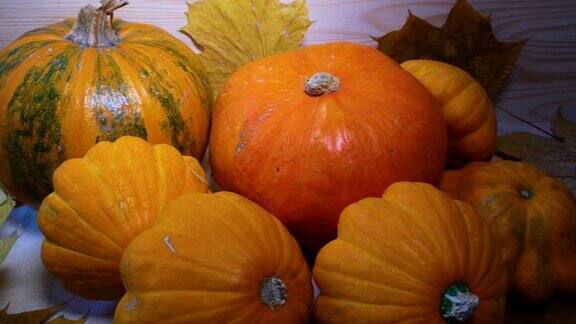 很多橙色的南瓜和秋天黄色的叶子在木板的背景上万圣节快乐