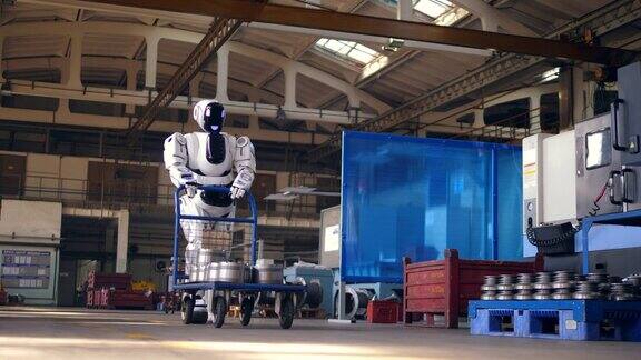 巨大的机器人正在运送一辆手推车穿过工厂