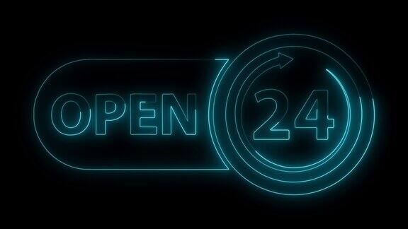 24小时开放的黑色背景霓虹灯招牌4k动画