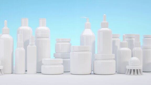 白色美容产品塑料管集合设置的化妆品在蓝色背景包装面霜凝胶精华广告和产品推广3d动画