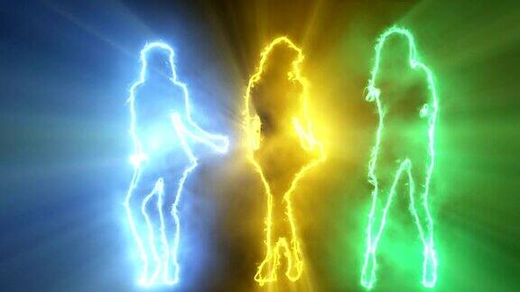 三个性感的女孩在彩色的轮廓跳舞