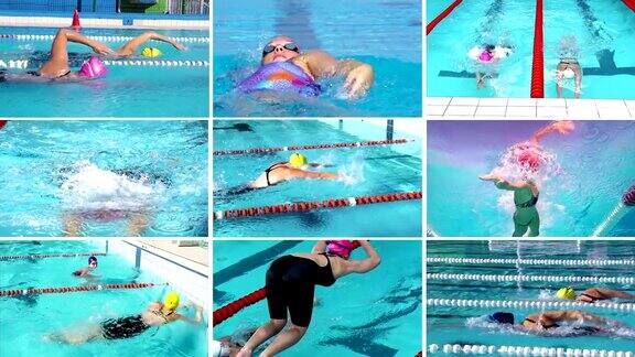 高清蒙太奇:美丽的女人表演游泳运动动作