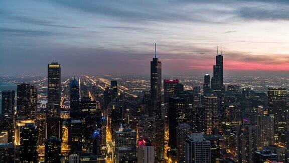 鸟瞰图的芝加哥黄昏到夜晚过渡