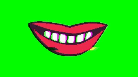 嘴微笑或嘴唇与绿色背景的故障效果Emoji运动图形