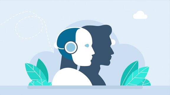 机器人和人机器vs人类人脑脑头与人工智能机器人脑头人工智能和自然智能自动化人工智能新技术概念二维平面动画