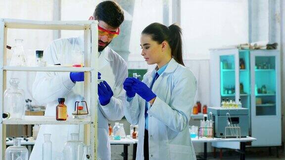 化学实验室两位女科学家和男科学家一起工作在一个实验中使用不同的化学液体为这个非常集中的工作