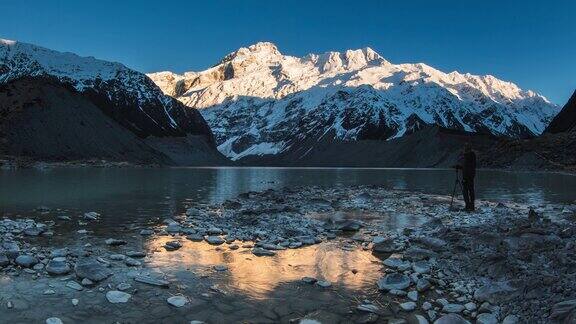 延时拍摄的人在雪山上观看第一缕阳光湖面反射静止