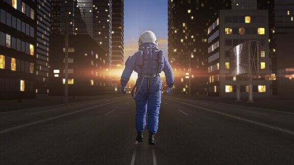 宇航员正慢慢地走在城市的街道上