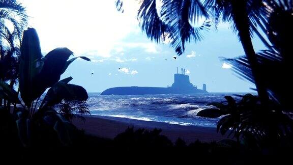 一艘军用核潜艇的剪影在一个废弃的热带岛屿附近美丽的毛圈背景