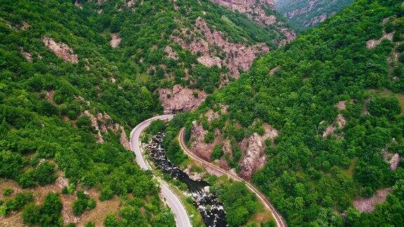 无人机鸟瞰图的山路和曲线通过森林景观