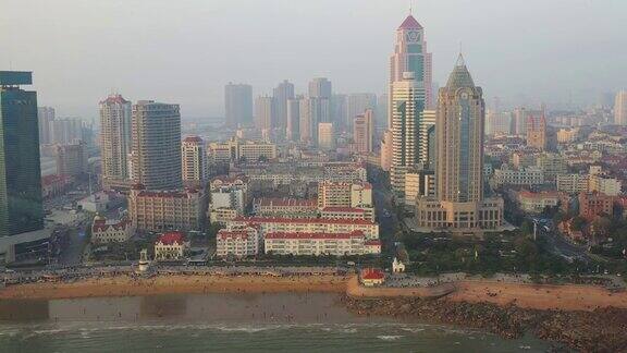 日落时分青岛市海滨交通湾航拍全景4k中国