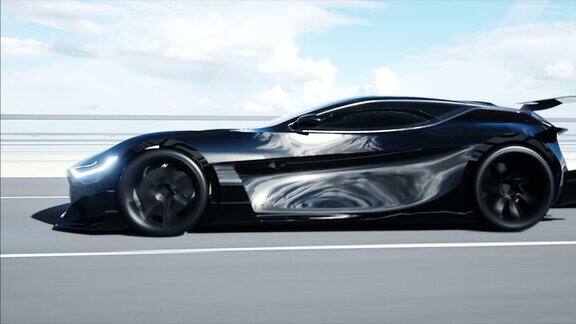 桥上的黑色未来汽车的3d模型开车非常快未来现实的4k的动画