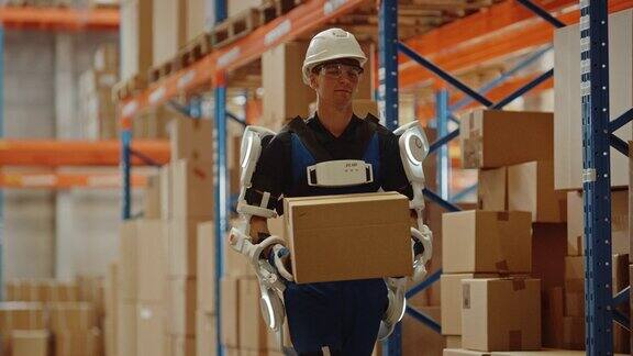 高科技未来仓库:工人穿着先进的全身动力外骨骼与沉重的纸板箱行走防护服增强了人体的性能和力量消除了与工作有关的伤害