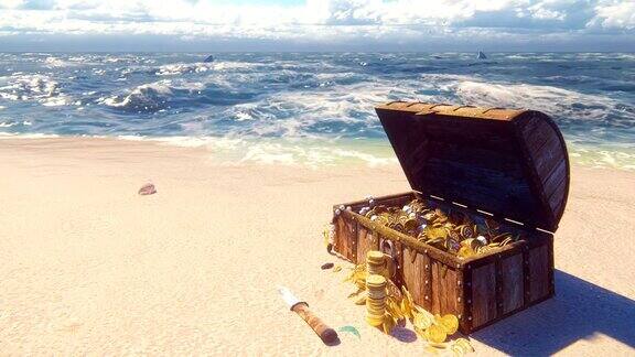 在一个消失的热带岛屿的岸边有一个海盗开着的木头箱子里面装满了金币和钻石美丽的循环的背景