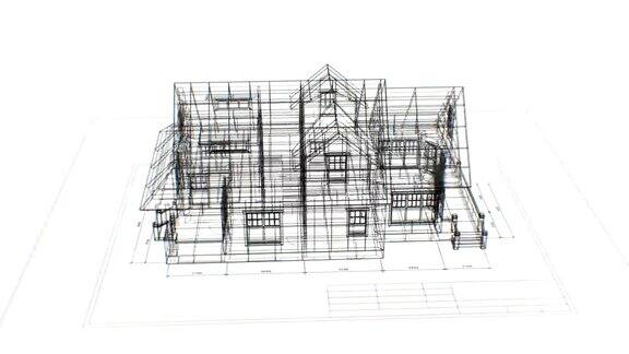 在白色背景上无缝的工程计划上旋转的抽象小屋的3d蓝图循环三维动画的抽象房子蓝图建筑业