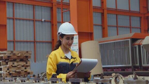 拉丁女工业工程师头戴白色安全帽手拿剪贴板在工厂仓库检查生产产品的机器制造和设备概念