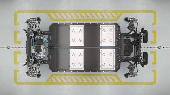 机器人组装电动汽车电池模块的俯视图