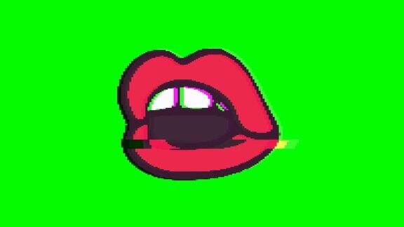 张开嘴与绿色背景上的故障效果Emoji运动图形