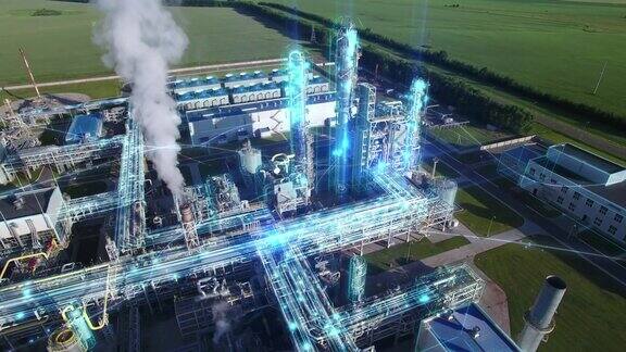 化工厂生产汽油和矿物肥料蓝色线条粒子运动图形设计说明了能源和工作气体油流动轨道空中飞行吸烟污染环境