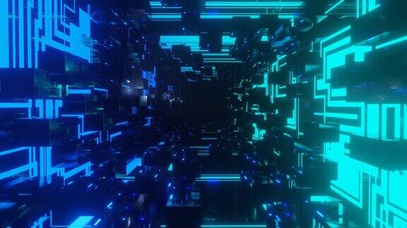 带着霓虹灯在科技的网络空间里飞翔穿越高科技隧道的科幻飞行辉光线形成类似科幻全息图的图案3d循环无缝4k明亮背景数据流