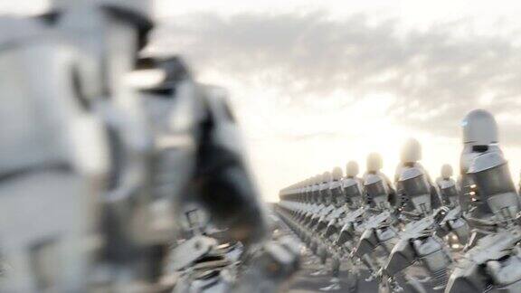三维动画循环的军队的半机械人行走在日落的天空