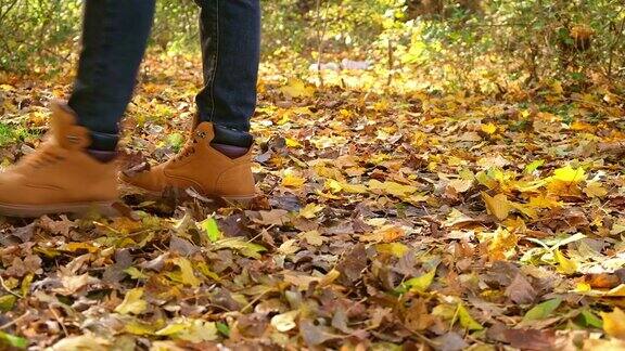 穿着红鞋的男人穿过秋天的森林橙色的靴子踩在枯黄的落叶上