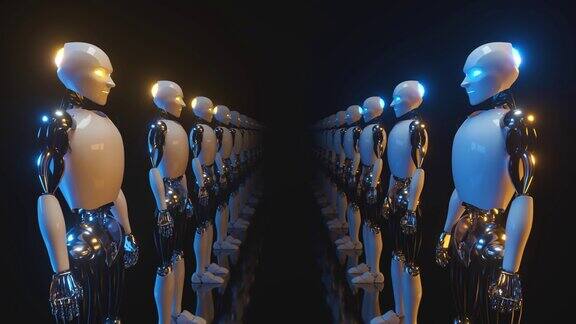 无尽的走廊机器人面对面蓝色和黄色的霓虹灯无缝循环3d渲染