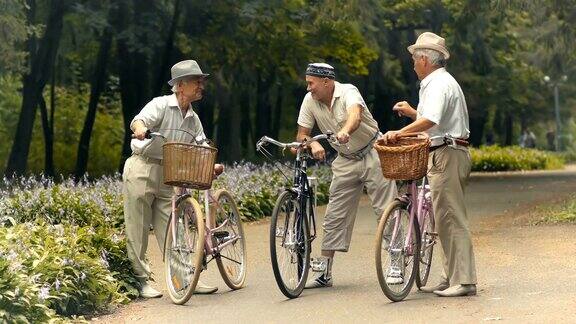 三个骑着自行车的老朋友在公园里聊天